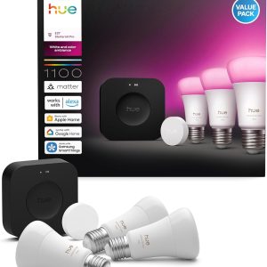 Philips Hue Starter Kit Bridge Pro + Smart Button + 3 A60 E27 Smart Bulbs, White and Colour Ambience, Smart Light Hub, Works with Apple Home, Amazon Alexa,...