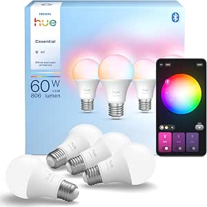 Philips Hue Essential A60 Smart LED Bulb, E27, 4 Pack | White and Color Ambiance Light, Smart LED, 8W, 2200K-6500K, 806 Lumens, Dimmable, B22 Bulb,.
