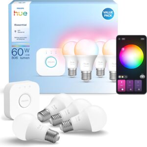 Philips Hue Bridge + Essential E27 Smart Bulbs, 4 Pack, White [Energy Class F]