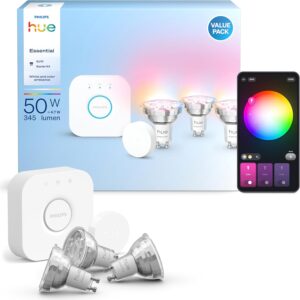 Philips Hue Essential Starter Kit: Hue Bridge + 3 GU10 Bulbs + Smart Button | White and Colour Ambience, Smart LED, 2200K-6500K, Dimmable, Bluetooth App and...