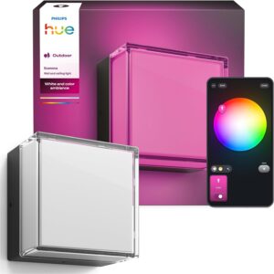 Philips Hue Scenova Outdoor LED Wall Light, Square | White and Color Ambiance, CCT 2000-6500 K, UV Resistant, IP44, Soft Light, Garden Decor, Alexa, Google.